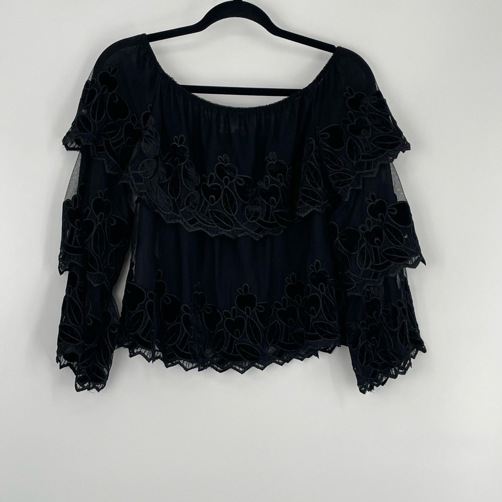 Endless Rose Women's Black Velvet Embroidery Ruffle Off-Shoulder Blouse Size S - Picture 3 of 9